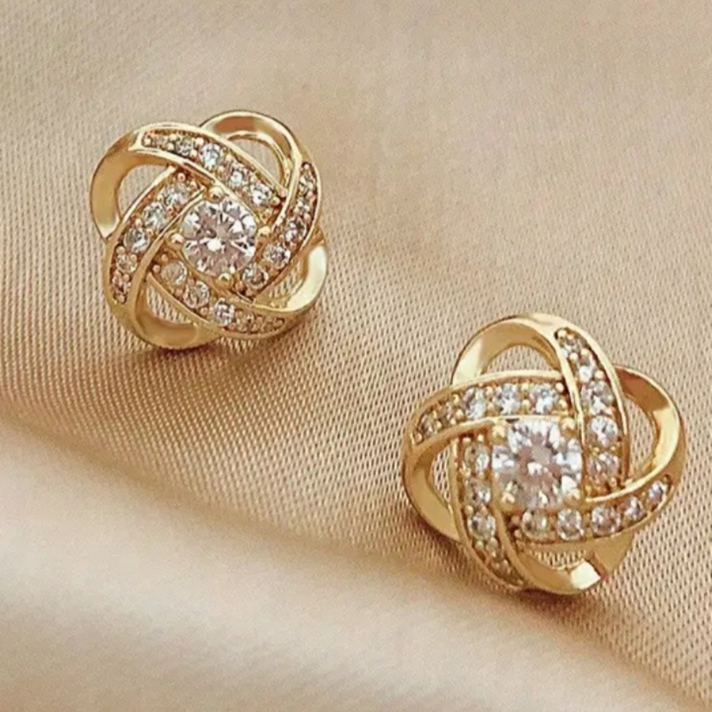NEW Sparkling Gold Knotted Stud Earrings with Rhinestones